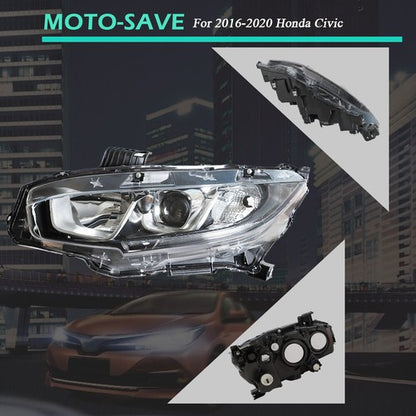 Solid Spare For Honda Civic 2016-2020 Headlight Assembly Halogen Chrome Clear Driver Side