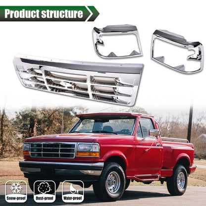 Solid Spare Front Grille+Headlight Trim Bezel Chrome Set Fit For 1992-1996 Ford Bronco F150