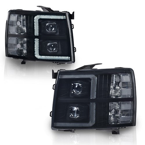 Solid Spare Fit For 2007-2013 Chevy Silverado Smoked Dual LED DRL Strip Projector Headlights