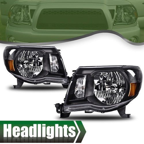 Solid Spare For 2005-2011 Toyota Tacoma Headlights Headlamps Black Driver & Passenger