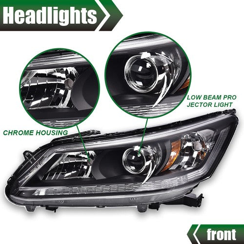 Solid Spare Fit For 2013-2015 Honda Accord Sedan Black Projector Headlight Left Driver Side