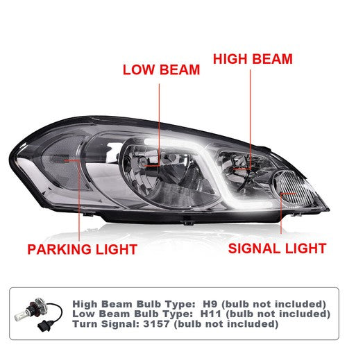 Solid Spare Fit For 2006-2013 Impala/2006-2007 Monte Carlo LED DRL Clear Corner Headlights