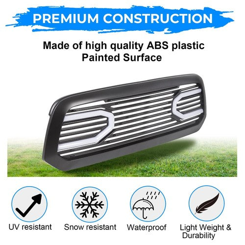 Solid Spare Front Upper Big Horn Black Grille Shell With Light For 2013-2018 Dodge Ram 1500