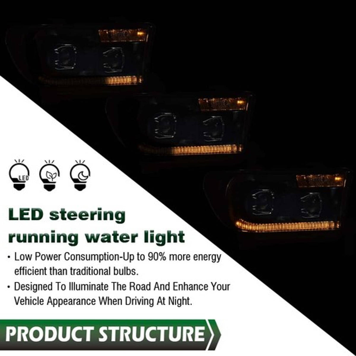 Solid Spare Fit For 2007-2013 Tundra 08-17 Sequoia Black/Clear LED Tube Projector Headlights