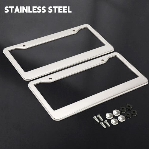 Solid Spare 2PCS Chrome Stainless Steel Metal License Plate Frame Tag Cover With Screw Caps