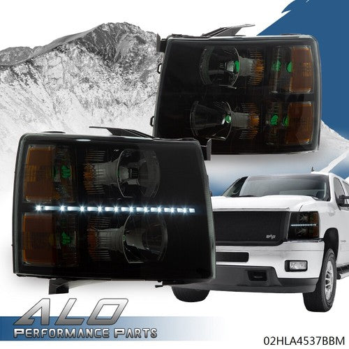 Solid Spare Smoke Lens Black LED DRL Headlights Fit For 07-14 Chevy Silverado 1500 2500 3500
