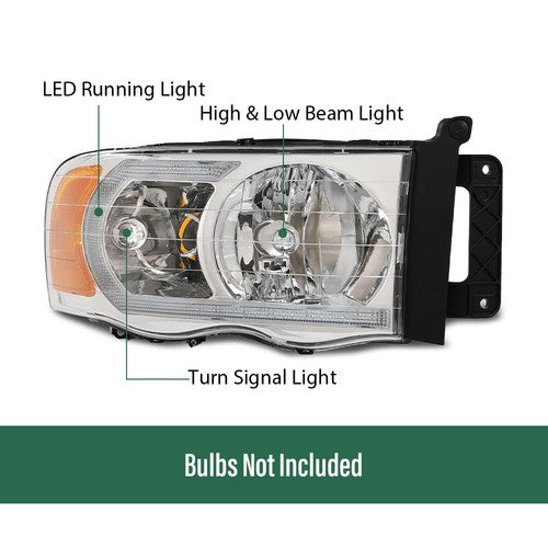 Solid Spare Fit For 2002-2005 Dodge Ram 1500 2500 3500 Clear/Chrome LED Tube DRL Headlights
