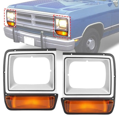 Solid Spare For Dodge D/W Pickup Truck Headlight Bezel 1986-1990 Pair w/Corner Parking Light