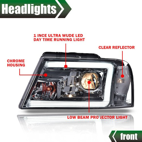 Solid Spare LED DRL Projector Headlights Smoke Fit For 04-08 Ford F-150/Lincoln Mark LT