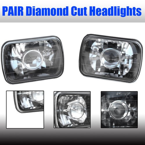 Pair 7" 7x6 inch Square Glass Lens Diamond Cut Headlights Lamp