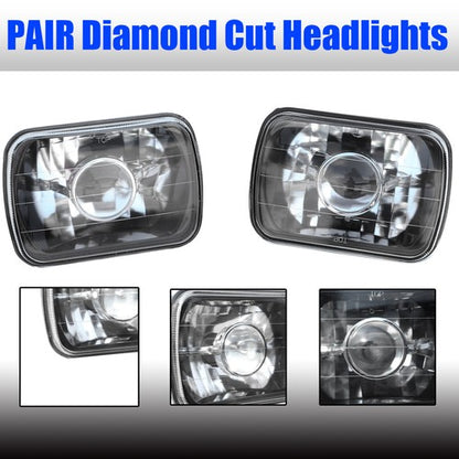 Pair 7" 7x6 inch Square Glass Lens Diamond Cut Headlights Lamp