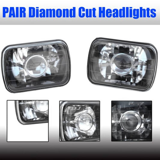 Solid Spare Pair 7" 7x6 inch Square Glass Lens Diamond Cut Headlights Lamp
