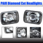 Pair 7" 7x6 inch Square Glass Lens Diamond Cut Headlights Lamp