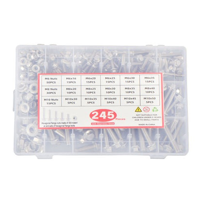Solid Spare 245 Pcs Heavy Duty Flanged Bolts And Nuts Kit M6 M8 M10 Stainless Steel