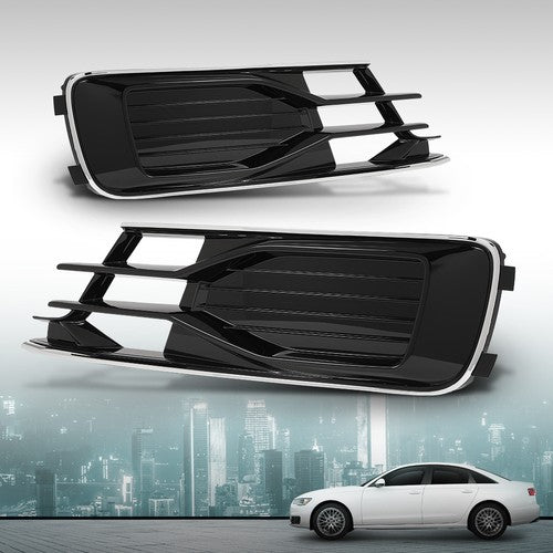 Solid Spare Front Bumper Fog Light Cover Grille Black & Chrome Fit For 2014-2018 Audi A6 C7