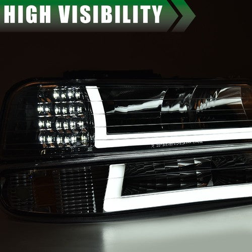 Solid Spare LED DRL Chrome Headlights+bumper Lamps Fit For 99-02 Chevy Silverado 00-06 Tahoe