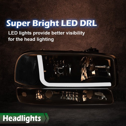 Solid Spare LED DRL Clear Black Headlights+Bumper Lamps Fit For 1999-2007 GMC Sierra/Yukon