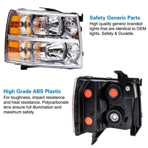 Solid Spare For 2007-2013 Chevy Silverado 1500 2500HD Chrome Housing Headlights Left & Right