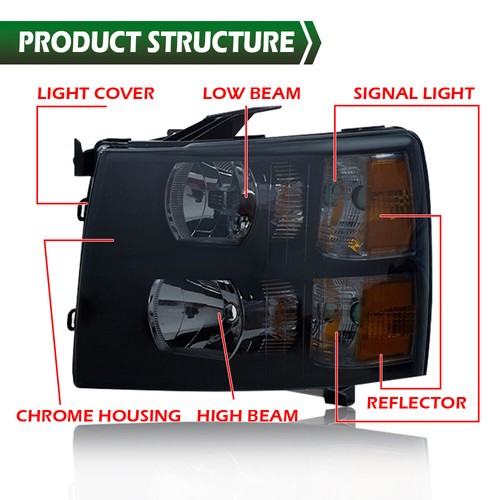 Solid Spare Fit For 07-14 Chevy Silverado 1500 2500 3500 Smoke Lens Black Headlights