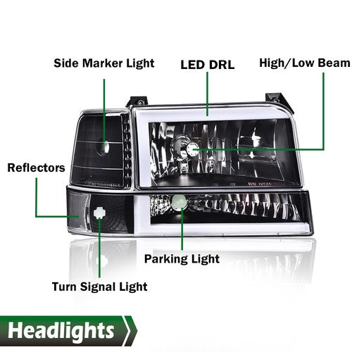 Solid Spare Fit For 92-96 Ford F150 F250 F350 Bronco Clear/Black LED DRL Headlights