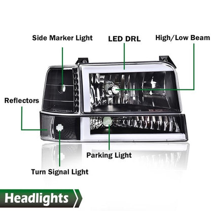 Solid Spare Fit For 92-96 Ford F150 F250 F350 Bronco Clear/Black LED DRL Headlights