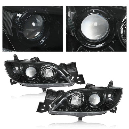 Solid Spare Fit For 2004-2009 Mazda 3 4-Door Sedan Clear Black Halogen Projector Headlights
