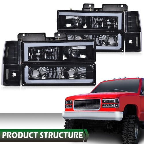 Solid Spare Fit For 88-93 Chevy C/K GMC Sierra Tahoe LED DRL Headlights Black/Smoked Lamps