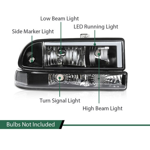 Solid Spare Fit For 1998-2004 Chevy S10 Blazer Clear Corner Black Housing LED DRL Headlights