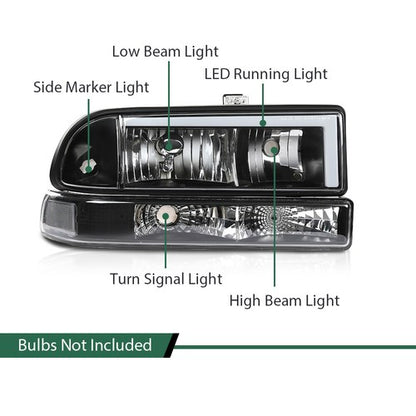Solid Spare Fit For 1998-2004 Chevy S10 Blazer Clear Corner Black Housing LED DRL Headlights