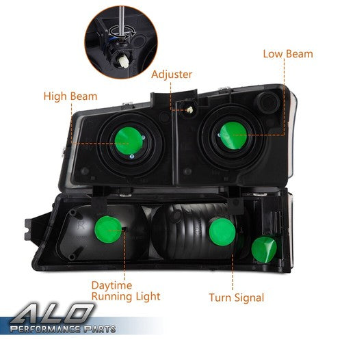 Solid Spare Fit For 03-06 Chevy Silverado Amber Corner Black Headlights+Red Tail Lights