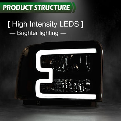 Solid Spare Fit For 05-07 Ford F250 F350 Super Duty Conversion LED DRL Headlights Smoke