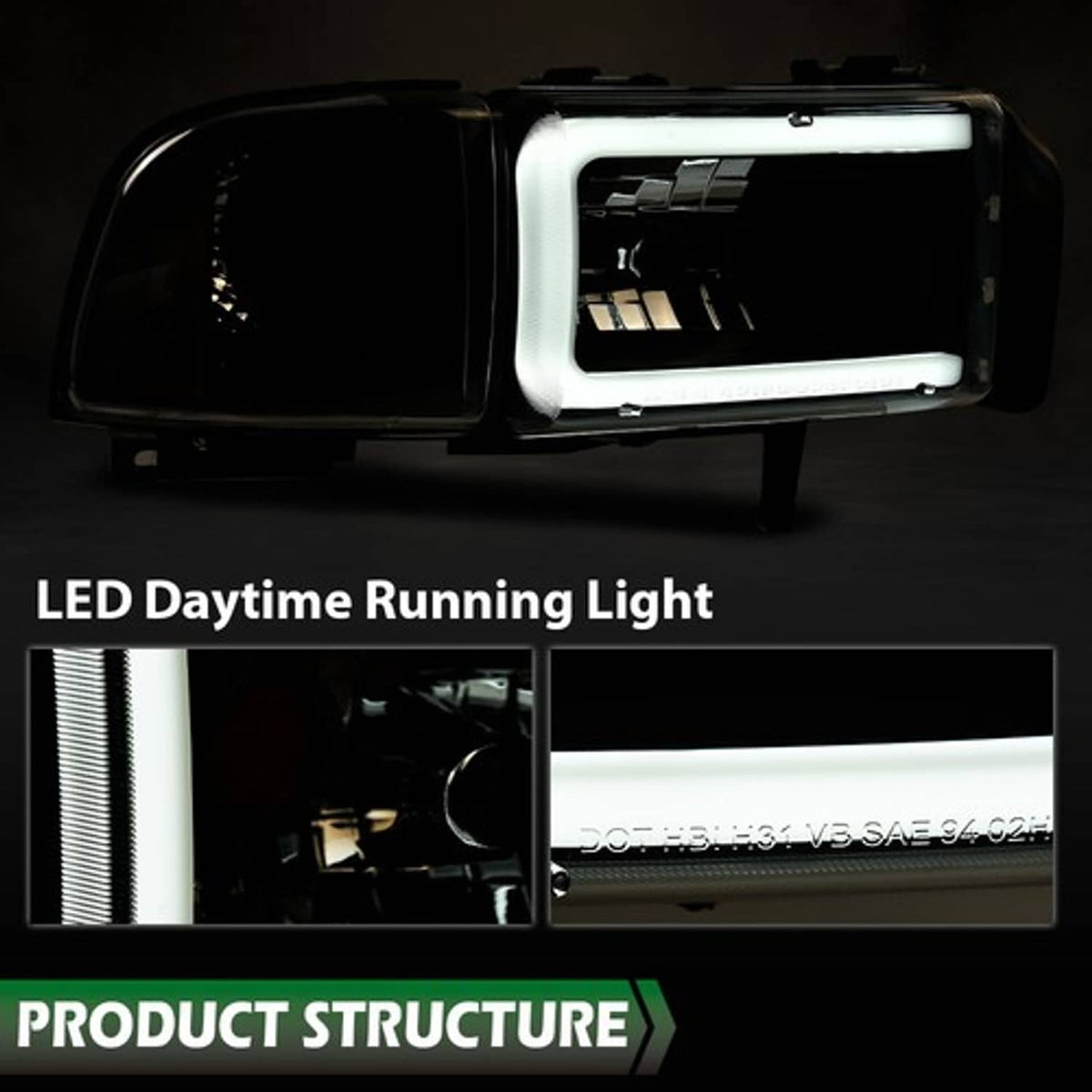 Solid Spare Clear Corner Black LED DRL Headlights Fit For 94-02 Dodge Ram 1500 2500 3500