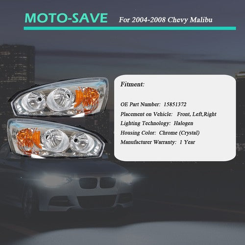 Solid Spare Driver + Passenger Side Headlights Headlamps Halogen For Chevy Malibu 2004-2008
