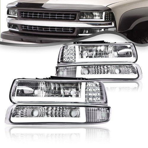 Solid Spare [LED DRL]For 99-02 Chevy Silverado 1500 2500 HD Headlight+Bumper Lamps Chrome