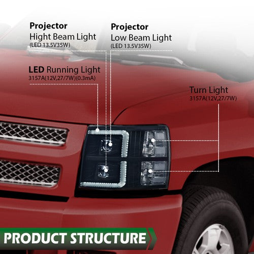 Solid Spare Fit For 2007-2013 Chevy Silverado Smoked Dual LED DRL Strip Projector Headlights