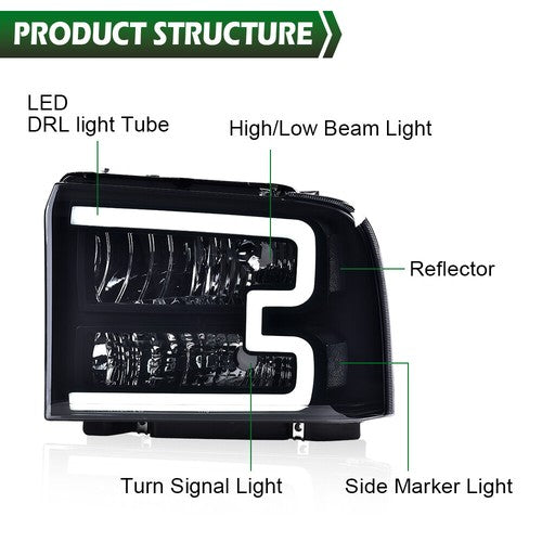 Solid Spare Fit For 05-07 Ford F250 F350 Super Duty Conversion LED DRL Headlights Smoke