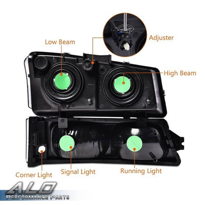 Solid Spare Fit For 2003-2006 Chevrolet Silverado Clear Corner Black Headlights+Tail Lights