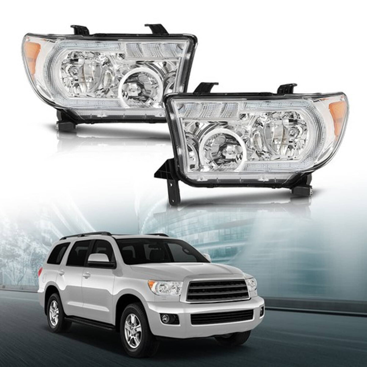 Solid Spare Fit For 07-13 Toyota Tundra 08-17 Sequoia Clear Lens Chrome LED Tube Headlights