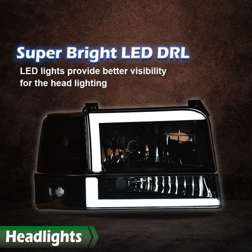 Solid Spare FIT FOR 92-96 FORD F150 F250 F350 LED DRL BLACK HEADLIGHT CORNER/BUMPER