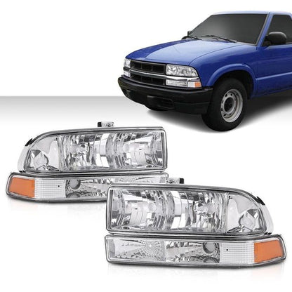 Solid Spare Fit For 98-04 Chevy S10 Blazer Chrome/Amber Corner Headlights Bumper Headlamps