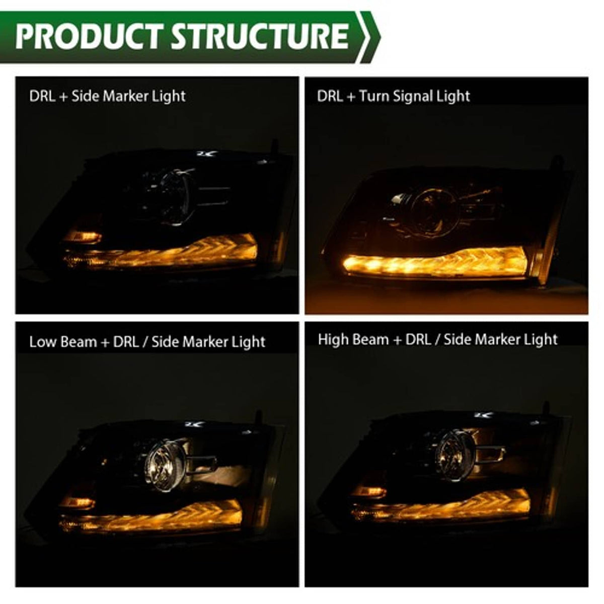 Solid Spare Fit For 2009-2018 Dodge Ram 1500 2500 3500 Black Projector Headlights w/ LED DRL