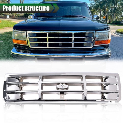 Solid Spare Fit For 1992-1996 Ford F150 F250 F350 Bronco Front Bumper Grille Grill Chrome
