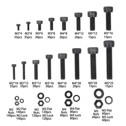 Solid Spare 1600 Pcs metric screws and nuts kits M2 M3 M4 M5 With 12.9 Grade Alloy Steel