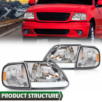 Solid Spare Fit For 97-2004 F-150 Expedition Chrome/Clear LED DRL Headlights & Corner Lights