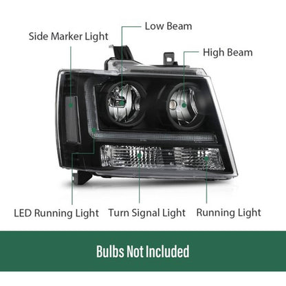 Solid Spare Clear/Black LED DRL Headlights Fit For 2007-2014 Chevy Avalanche Tahoe Suburban