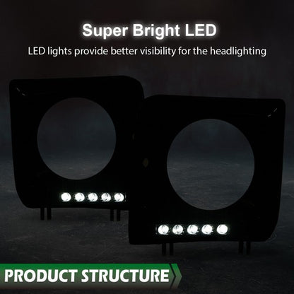 Solid Spare Fit For 1990-2018 Benz W463 G63 Wagon G500 Black Headlight Trim Bezel w/ LED DRL