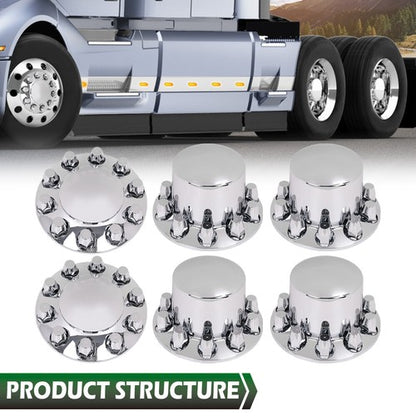 Solid Spare Complete 33mm Lug Silver Hub Cover Semi Truck Wheel Axle Cover Kit Front & Rear