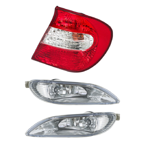 Solid Spare Tail Light Right Black+Pair Fog Lights Chrome For 2002-2004 Toyota Camry Clear