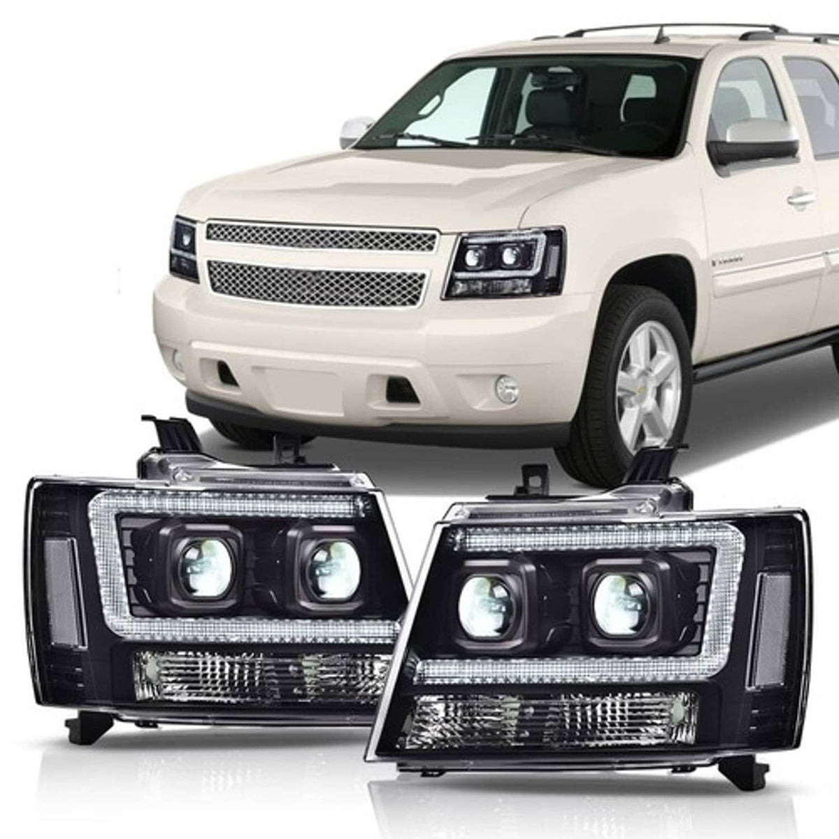 Solid Spare Dual LED Projector Headlights Black Fit For 07-14 Chevy Avalanche Tahoe Suburban