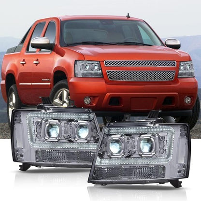 Solid Spare Fit For 2007-2014 Avalanche Tahoe Suburban LED Projector Headlights Smoke Chrome